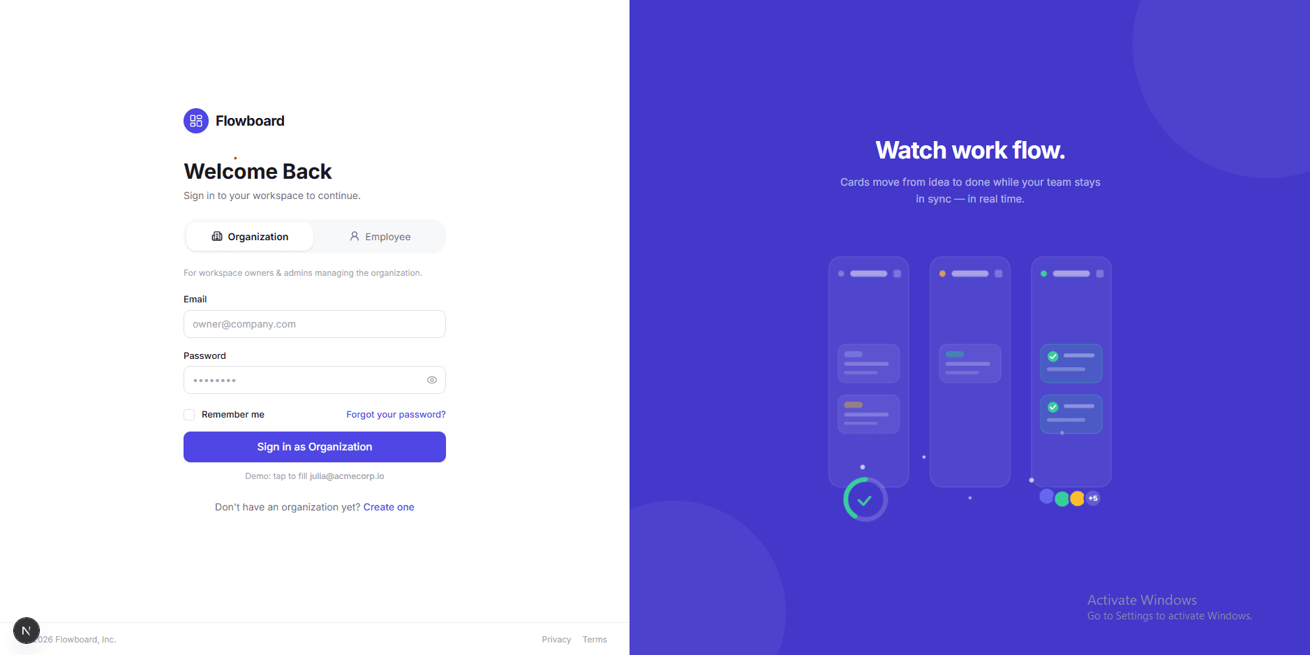 Flowboard sign-in screen with organization and employee login modes
